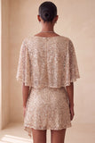 Sparkly Pink Bodycon Round Neck Sequins Ruched Short Cocktail Dress with Sash
