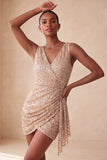 Sparkly Pink Bodycon Round Neck Sequins Ruched Short Cocktail Dress with Sash