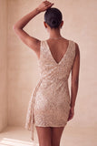 Sparkly Pink Bodycon Round Neck Sequins Ruched Short Cocktail Dress with Sash