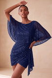 Sparkly Pink Bodycon Round Neck Sequins Ruched Short Cocktail Dress with Sash