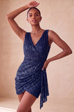 Sparkly Pink Bodycon Round Neck Sequins Ruched Short Cocktail Dress with Sash