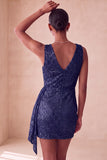 Sparkly Pink Bodycon Round Neck Sequins Ruched Short Cocktail Dress with Sash