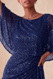 Sparkly Pink Bodycon Round Neck Sequins Ruched Short Cocktail Dress with Sash