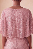 Sparkly Pink Bodycon Round Neck Sequins Ruched Short Cocktail Dress with Sash