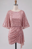 Sparkly Pink Bodycon Round Neck Sequins Ruched Short Cocktail Dress with Sash