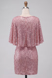 Sparkly Pink Bodycon Round Neck Sequins Ruched Short Cocktail Dress with Sash
