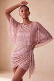 Sparkly Pink Bodycon Round Neck Sequins Ruched Short Cocktail Dress with Sash