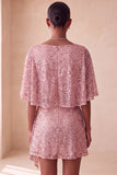 Sparkly Pink Bodycon Round Neck Sequins Ruched Short Cocktail Dress with Sash