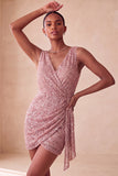 Sparkly Pink Bodycon Round Neck Sequins Ruched Short Cocktail Dress with Sash