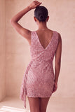 Sparkly Pink Bodycon Round Neck Sequins Ruched Short Cocktail Dress with Sash