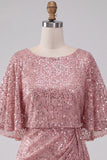 Sparkly Pink Bodycon Round Neck Sequins Ruched Short Cocktail Dress with Sash