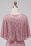 Sparkly Pink Bodycon Round Neck Sequins Ruched Short Cocktail Dress with Sash