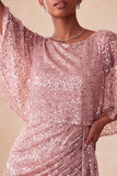 Sparkly Pink Bodycon Round Neck Sequins Ruched Short Cocktail Dress with Sash