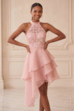 Halter Sky Blue Tiered A-Line Asymmetrical Short Cocktail Dress with Sequins