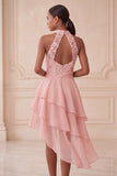 Halter Sky Blue Tiered A-Line Asymmetrical Short Cocktail Dress with Sequins