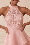 Halter Sky Blue Tiered A-Line Asymmetrical Short Cocktail Dress with Sequins