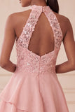 Halter Sky Blue Tiered A-Line Asymmetrical Short Cocktail Dress with Sequins