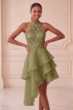 Halter Sky Blue Tiered A-Line Asymmetrical Short Cocktail Dress with Sequins