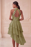 Halter Sky Blue Tiered A-Line Asymmetrical Short Cocktail Dress with Sequins