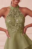 Halter Sky Blue Tiered A-Line Asymmetrical Short Cocktail Dress with Sequins