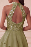 Halter Sky Blue Tiered A-Line Asymmetrical Short Cocktail Dress with Sequins
