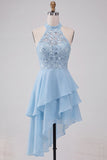 Halter Sky Blue Tiered A-Line Asymmetrical Short Cocktail Dress with Sequins