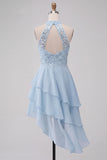 Halter Sky Blue Tiered A-Line Asymmetrical Short Cocktail Dress with Sequins