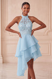 Halter Sky Blue Tiered A-Line Asymmetrical Short Cocktail Dress with Sequins