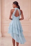 Halter Sky Blue Tiered A-Line Asymmetrical Short Cocktail Dress with Sequins