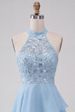 Halter Sky Blue Tiered A-Line Asymmetrical Short Cocktail Dress with Sequins