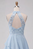 Halter Sky Blue Tiered A-Line Asymmetrical Short Cocktail Dress with Sequins