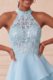 Halter Sky Blue Tiered A-Line Asymmetrical Short Cocktail Dress with Sequins