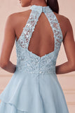 Halter Sky Blue Tiered A-Line Asymmetrical Short Cocktail Dress with Sequins