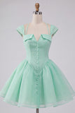 Mint Green A-Line Single Breasted Short Cocktail Dress with Cap Sleeves
