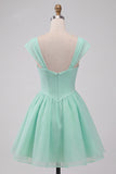 Mint Green A-Line Single Breasted Short Cocktail Dress with Cap Sleeves