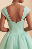 Mint Green A-Line Single Breasted Short Cocktail Dress with Cap Sleeves