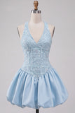 Sky Blue A-Line V-Neck Short Cocktail Dress