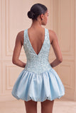 Sky Blue A-Line V-Neck Short Cocktail Dress
