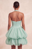 Pink Halter Neck Ruffled A-Line Short Cocktail Dress