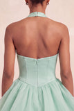 Pink Halter Neck Ruffled A-Line Short Cocktail Dress