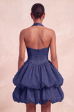 Pink Halter Neck Ruffled A-Line Short Cocktail Dress