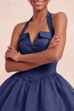 Pink Halter Neck Ruffled A-Line Short Cocktail Dress