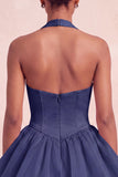 Pink Halter Neck Ruffled A-Line Short Cocktail Dress