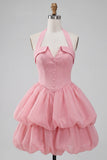 Pink Halter Neck Ruffled A-Line Short Cocktail Dress