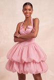 Pink Halter Neck Ruffled A-Line Short Cocktail Dress