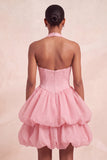 Pink Halter Neck Ruffled A-Line Short Cocktail Dress