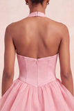 Pink Halter Neck Ruffled A-Line Short Cocktail Dress