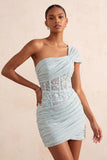 One Shoulder Olive Sheer Corset Ruched Short Cocktail Dress with Lace Up Back