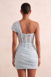 One Shoulder Olive Sheer Corset Ruched Short Cocktail Dress with Lace Up Back