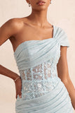 One Shoulder Olive Sheer Corset Ruched Short Cocktail Dress with Lace Up Back